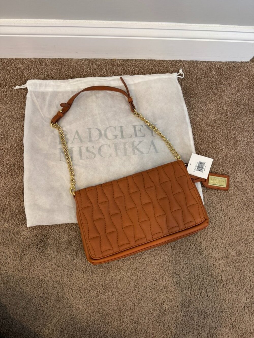 Badgley Mischka Quilted Terracotta Blake Leather Crossbody Purse Gold Chain NWT